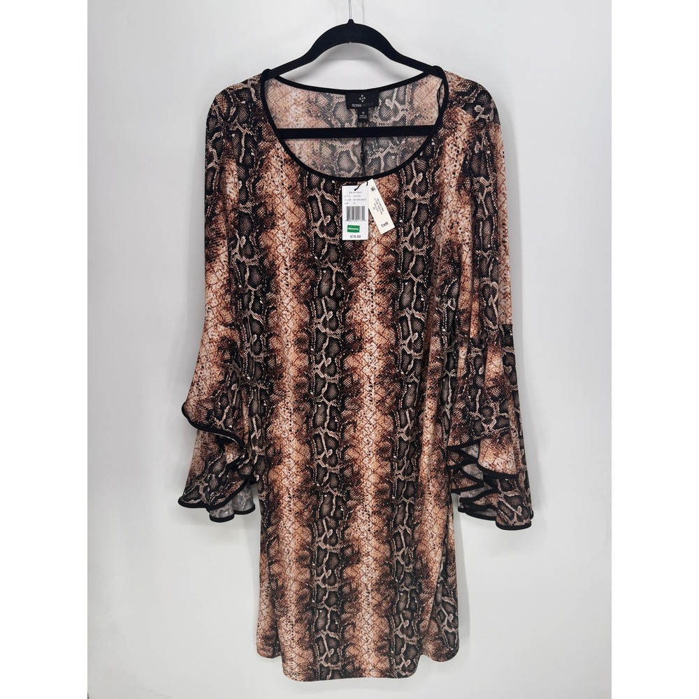 Ronni Nicole Dress Women 1X Natural NWT Snakeskin Bell Sleeve Tunic V317723